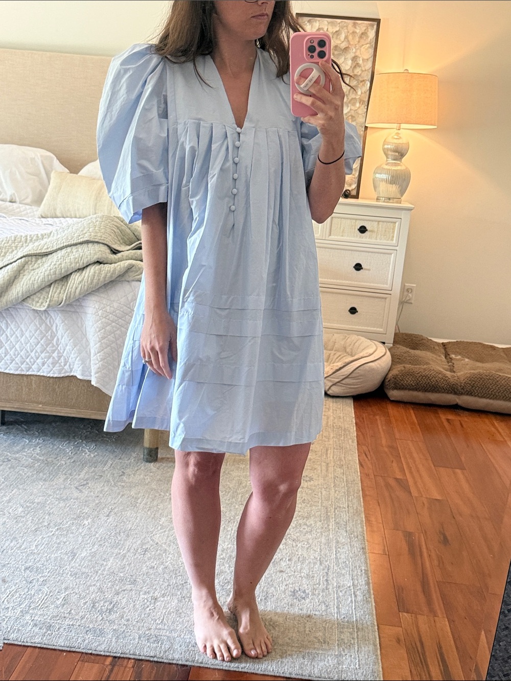 Pale Blue Puff-Sleeve Dress with Button Front - Picture 3 of 3